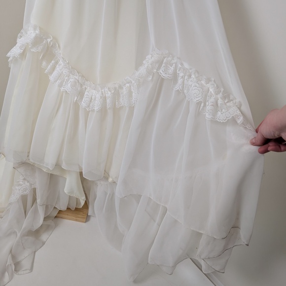 70s Wedding Gown Floor Length Train Edwardian Capelet Lace Collar Bishop Sleeves - Picture 5 of 15